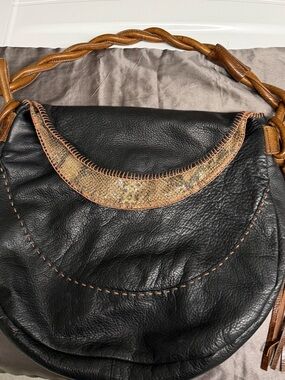 Carla Mancini Black Leather Hobo with Brown Braided Handle and Snakeskin Accent